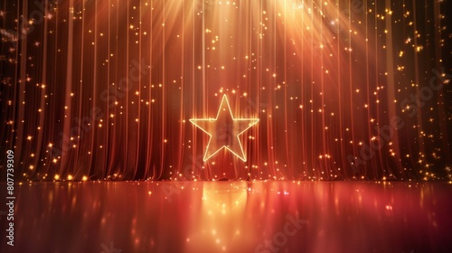 Elegant red theater curtain with sparkling golden star and falling glitter particles.