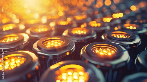Abstract image of glowing, circular lights within a cluster of metallic structures, highlighted by warm tones.