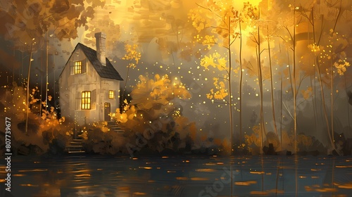 house trees scene and lake reflection poster background