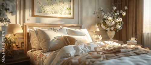 Elegant bedroom with floral patterns, soft lighting and luxurious textures for a peaceful retreat