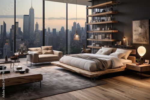 Luxurious Bedroom with City View and Wooden Elements