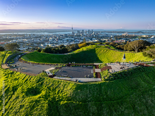 Aerial: mt eden volcano at dusk, Auckland, New Zealand