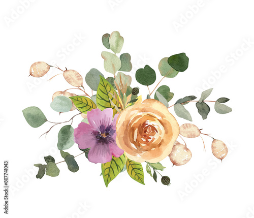 Dusty Cream Roses Watercolor Floral Bouquet and Eucalyptus Leaves in Watercolor Illustration. Ideally for wedding invitations.