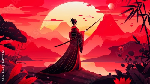 The samurai sword katana is held in the hand by a Japanese geisha. A concept illustration of a Japanese sunset featuring a traditional woman and her sword. Cartoon modern illustration of an isolated