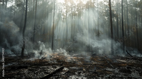 Rain falling on a recently extinguished forest fire, steam rising from the dampened earth