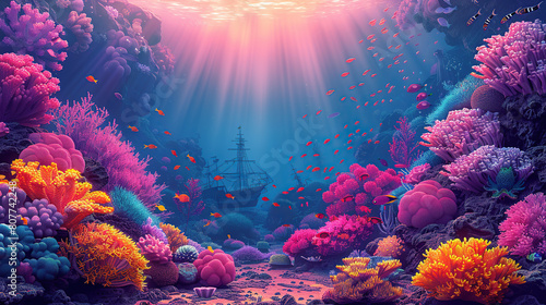 featuring a colorful coral reef bustling with cartoonish fish, a sunken ship in the background. Water shimmering with light rays coming from above.