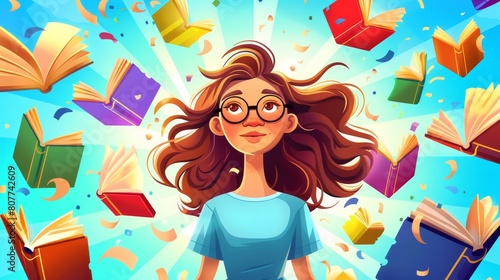An invitation or promo for the opening of a new bookstore with a young woman and flying books in colorful covers. Cartoon illustration of a young woman with circular glasses.