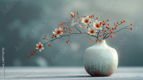 small flower vase design, italian modern, white and orange and mint green, hyper real, PBR, gray tone background 