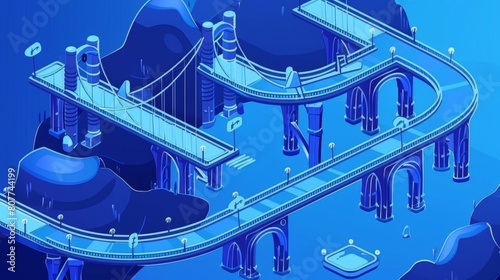 Bridges isometric web banner with different city architectures. Urban infrastructure, famous landmarks, drawbridges for transport across water or road. 3d modern line art web banner.