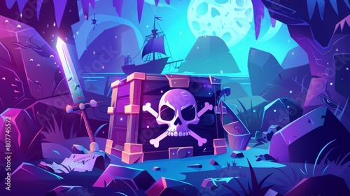 A pirates cartoon landing page featuring a skull, saber, and treasure map on a dark background with an ocean and rocks. Perfect for a pirate adventure game, a corsair party invitation, or a treasure