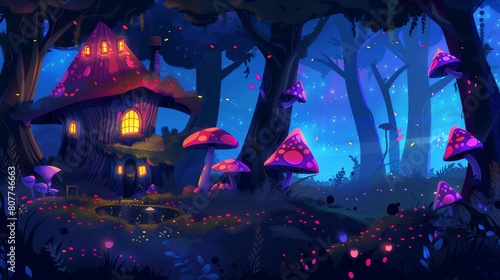 The witch house is situated in the dark woods with glowing mushrooms growing on trees and the ground. The night forest landscape is dominated by a shack and fireflies are flying around. This is a