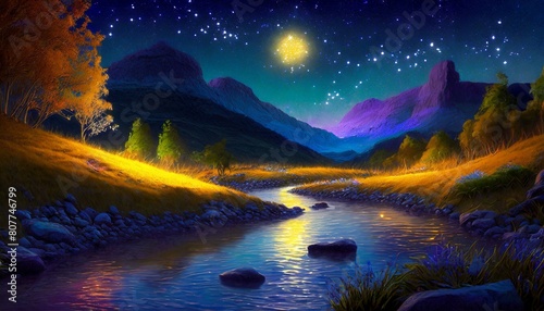 夏が香る河川敷、夕暮れと共に幻想的な夜光が差し込む風景、視覚的に見やすいイラスト generated by AI