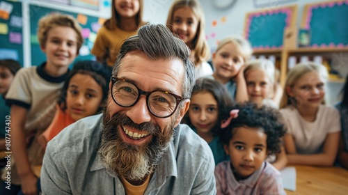 Smiling cheerful caucasian male teacher in a classroom with Indian kids wearing reading glasses at teacher's day