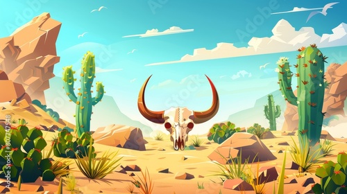Cactus, stones and bull skulls on a sand desert. Hot desert landscape with mountains, plants, and buffalo skeleton. Modern cartoon parallax background ready for 2D animation.