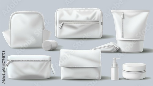Makeup bag with zipper for cosmetics and beauty tools. Mockup shown in side and angle views. Travel purse for toiletries and body care products.