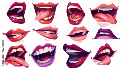 Animated female smile and happy expression. Cartoon woman mouth animation set. Isolated phonetic modern kit for education or game design.