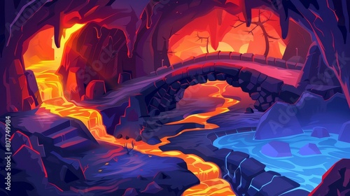 Volcano cave with lava flowing inside. Cartoon illustration of hell landscape with magma river beneath a stone bridge. Underground inferno tunnel.