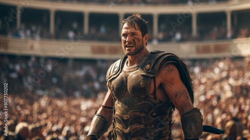 Gladiatorial combatant's ceremonial entrance into the Roman coliseum cheered on by the crowd