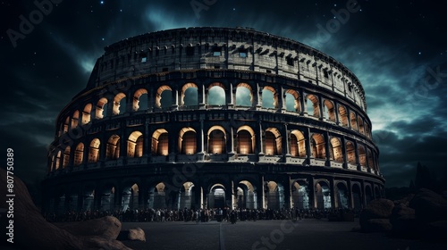 Roman coliseum under moonlight with gladiator spirits returning to relive past battles