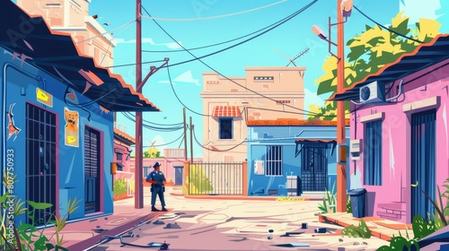 The police on a poor ghetto street catch a thief in a cartoon modern background. A dirty slum neighborhood in India. A ruined and destroyed alley outside the criminal town.