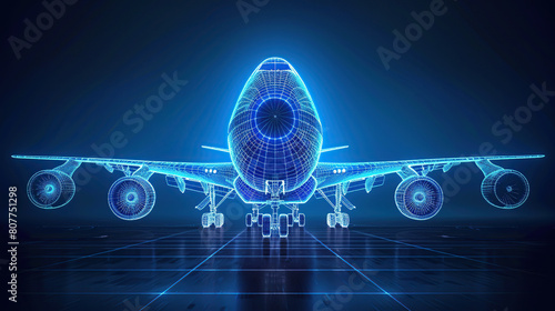 glowing Boeing 747 airplane on translucent background, blue, wireframe, sense of technology