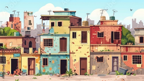 Modern urban street district with slum houses. Cartoon Indian neighborhood with favela and abandoned buildings. Dilapidated cityscape with trash.