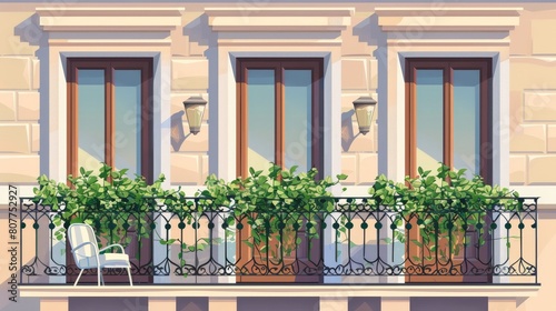 A balcony with a fence in the old style palace building. A classic european brick facade accented by a vine and greenery plant close to the wooden window. A summer Greek terrace with a handrail and