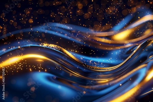 Metallic 3D image of glowing golden comet barrage flowing with glowing sapphire blue accent 