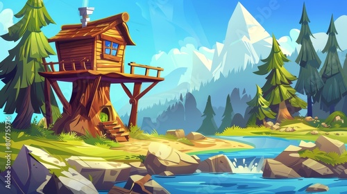 An old shack overhanging a mountain stream in nature. Beautiful wooden house near river water and pine trees in a forest cartoon background. A shack porch and a stump with an axe in a summer