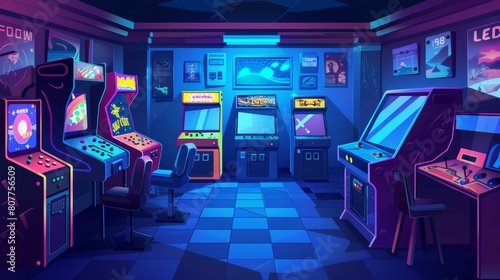 Game machines in retro computer club, cartoon illustration of interior design, old arcade cabinets, old pinball machines, poster on wall.