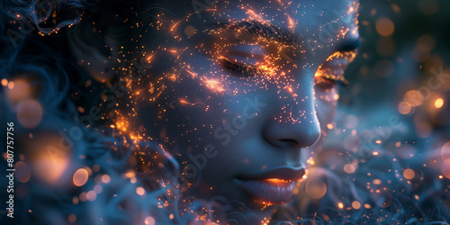 Goddess in retrospective. Fantasy closeup portrait of a beautiful woman with fiery sparks resembling the universe.
