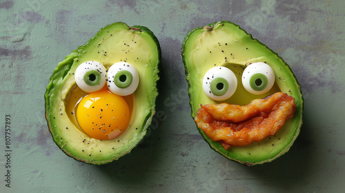 Closeup of goofy avocados with egg, bacon and olives, isolated on a clean concrete grey background. In style of healthy nutrition.