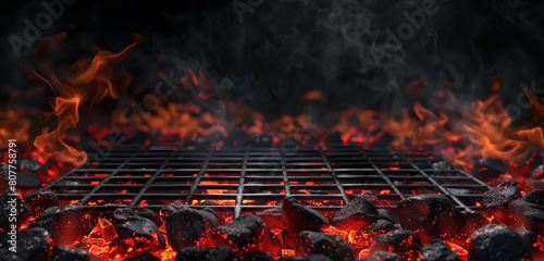 Hot charcoal grill ready for barbecue. Empty BBQ grill with glowing coals. Summer cooking concept. Outdoor grilling, close-up view. AI