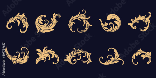 Set of gold Vintage flourish Baroque Victorian frame border flower pattern. Elegant vector floral engraved scroll ornament leaf retro decorative design shield swirl filigree calligraphic heraldic