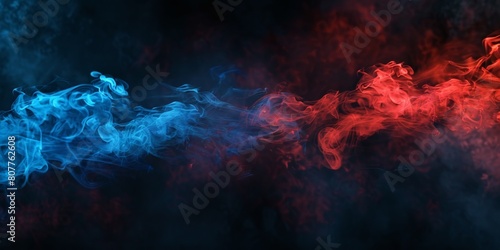 The image shows two streams of smoke, one blue and one red, flowing next to each other on a black background.