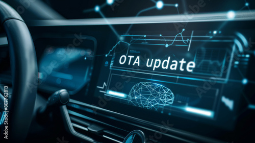 Over the air firmware update in automotive industry with a car cluster showing an over-the-air or OTA update on the screen