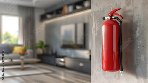 Red fire extinguisher on wall in modern living room. Safety equipment close-up. Home interior design. Contemporary style space. Emergency preparedness concept. AI