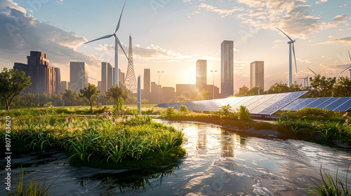 Green city with renewable sustainable energy solution technology concept. Panorama background nature scene with turbine, modern building urban with fresh sky background in beautiful sunset backlight.