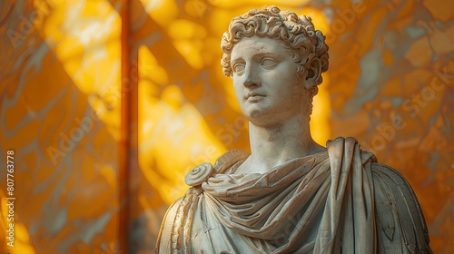 Ancient Greek statue of an ancient Roman senator in marble. Ancient roman Emperor statue in stone isolated on simple background. Ancient Greek architecture