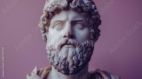 Ancient Greek statue of an ancient Roman senator in marble. Ancient roman Emperor statue in stone isolated on simple background. Ancient Greek architecture