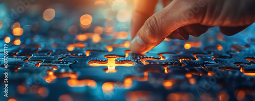 Close-up of a human hand piecing together a jigsaw puzzle under blue lighting, symbolizing problem solving and concentration.