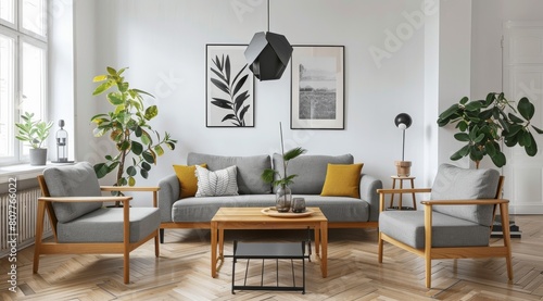 A living room with a couch, two chairs, and a coffee table. The room is decorated with a black and white abstract painting and a potted plant. The furniture is made of wood and the room has a cozy