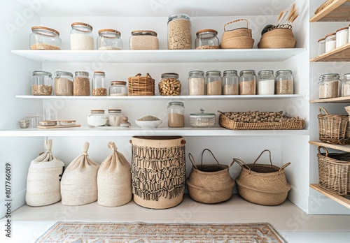 A pantry shelf with many jars and baskets of food. The jars are mostly clear and the baskets are woven