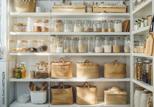 A pantry with many jars and baskets of food. The pantry is filled with many different types of food, including nuts, spices, and other pantry items