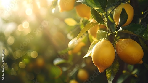 Sunlit Lemon Tree Branch with Ripe Fruits. Fresh Lemons in Natural Light. Vibrant Citrus Orchard Scene. Ideal for Nutrition and Healthy Lifestyle Concepts. AI