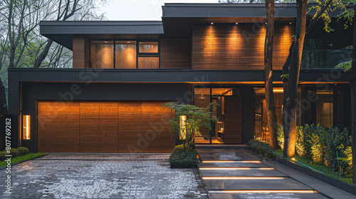 A modern house with a large wooden garage door and a pathway lined with LED lights,