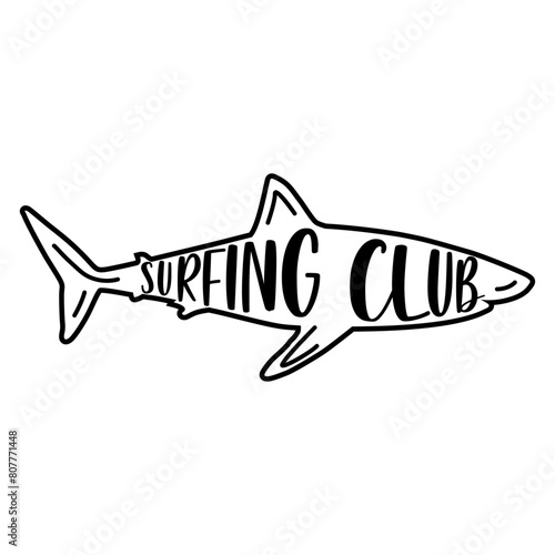 Logo club de surf. Texto Surfing Club con silueta de tiburón lineal