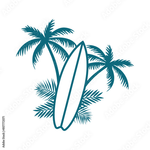 Logo club de surf. Silueta de tabla de surf lineal en paisaje tropical con la palma