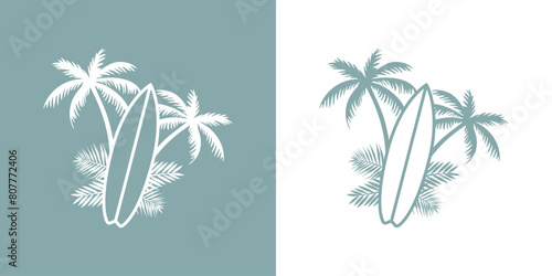Logo club de surf. Silueta de tabla de surf lineal en paisaje tropical con la palma