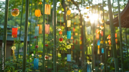 Vibrant Prayer Tags Adorning a Tranquil Bamboo Forest During Japanese Tanabata